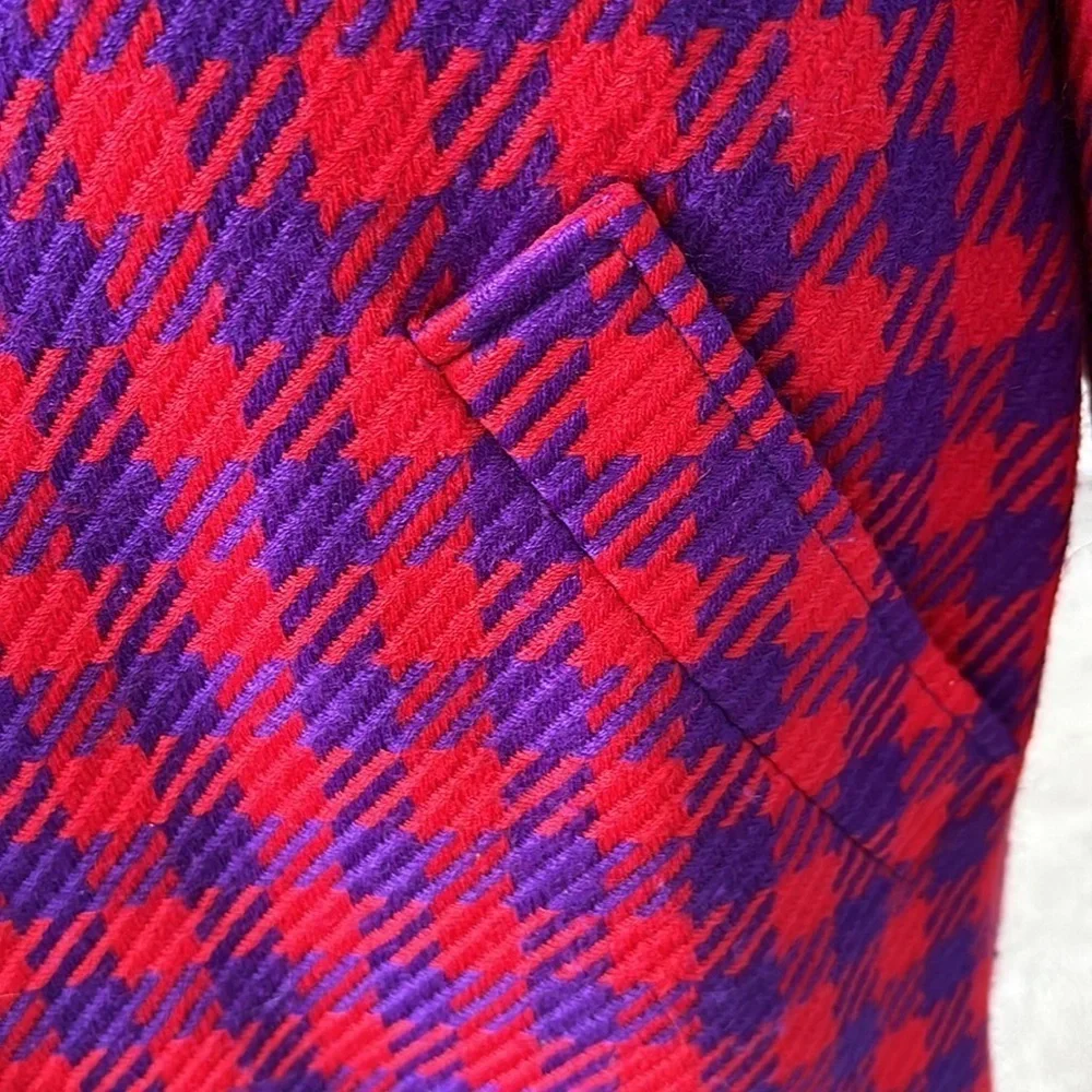 Carlisle Vintage Houndstooth Wool Plaid Long Coat Red Purple Size 6 - Picture 8 of 13